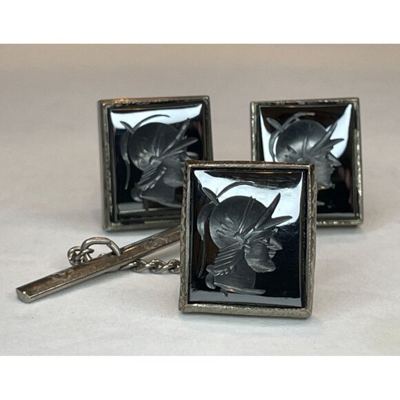 Sterling Silver & Hematite Cameo Soldier Cufflinks & Tie Clip Set - Picture 1 of 11